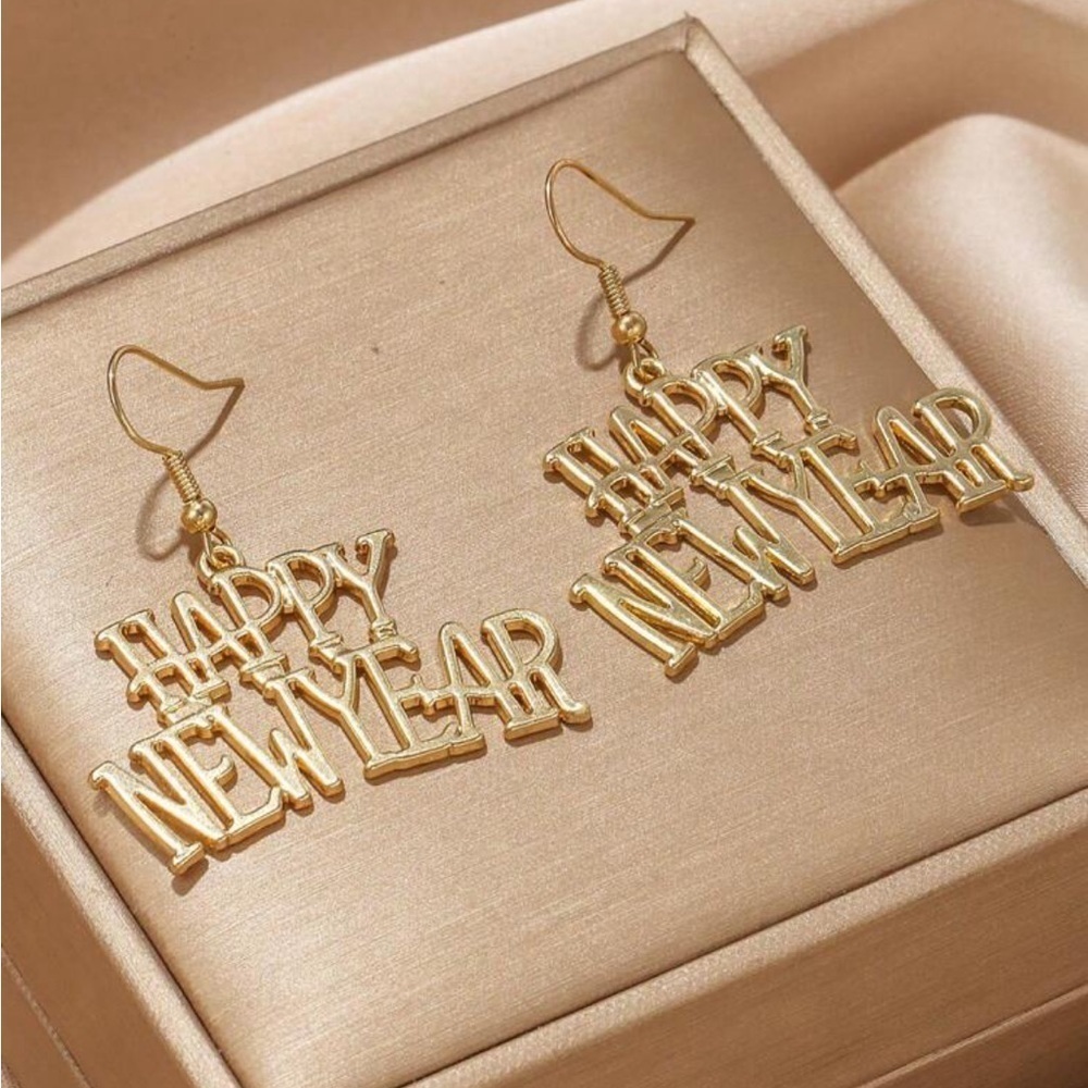 Happy New Year Gold-Tone Earrings BRAND NEW Minimalist Lightweight - Picture 3 of 5